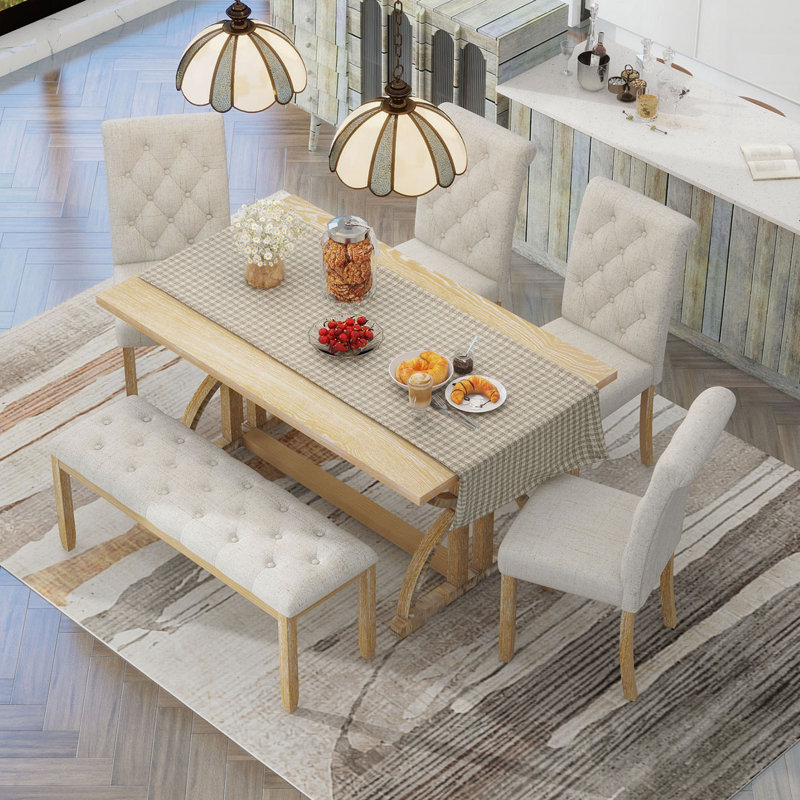 6-Piece Retro Rectangular Dining Table Set, Natural Wood Wash