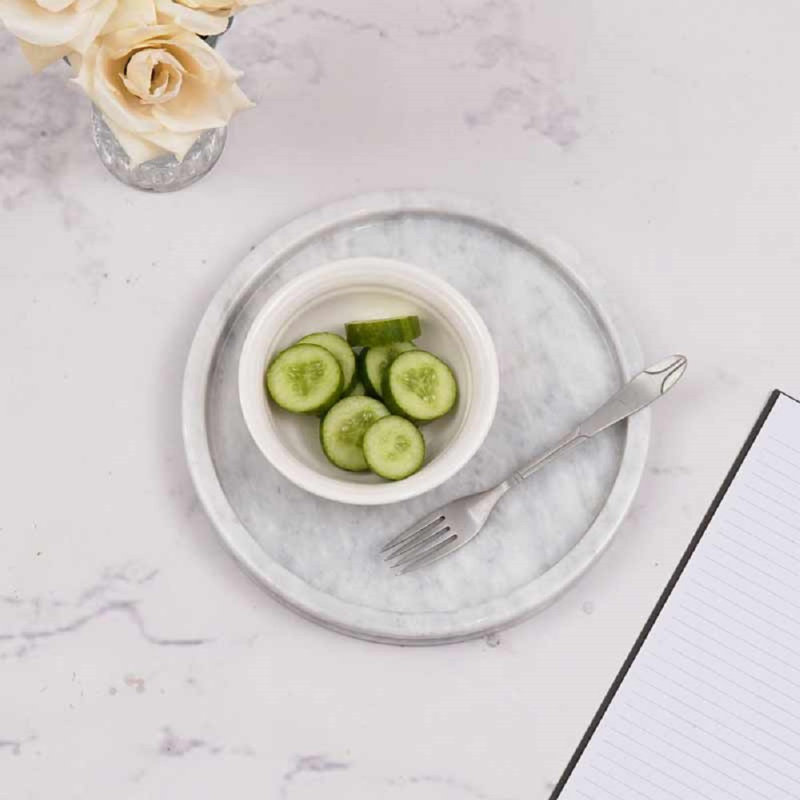 Plateau rond en marbre fait à la main 10 po blanc