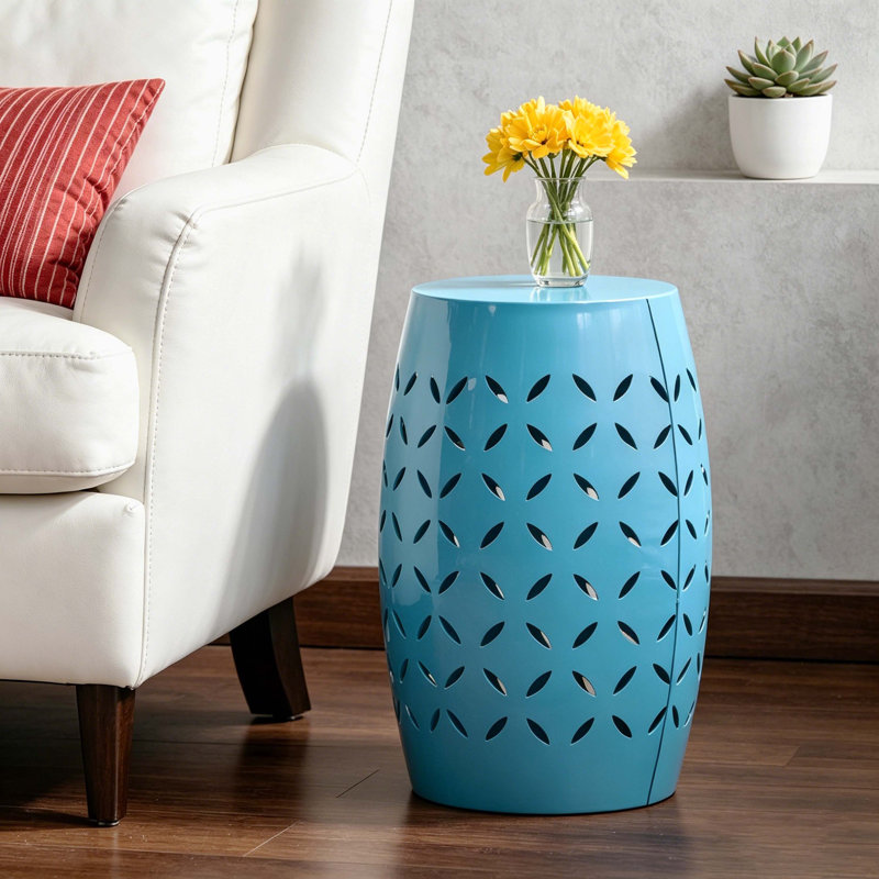 Bright Blue Cylindrical Metal Accent Side Table, 12" Wide Indoor/Outdoor Industrial End Table With Lattice Cutout Design
