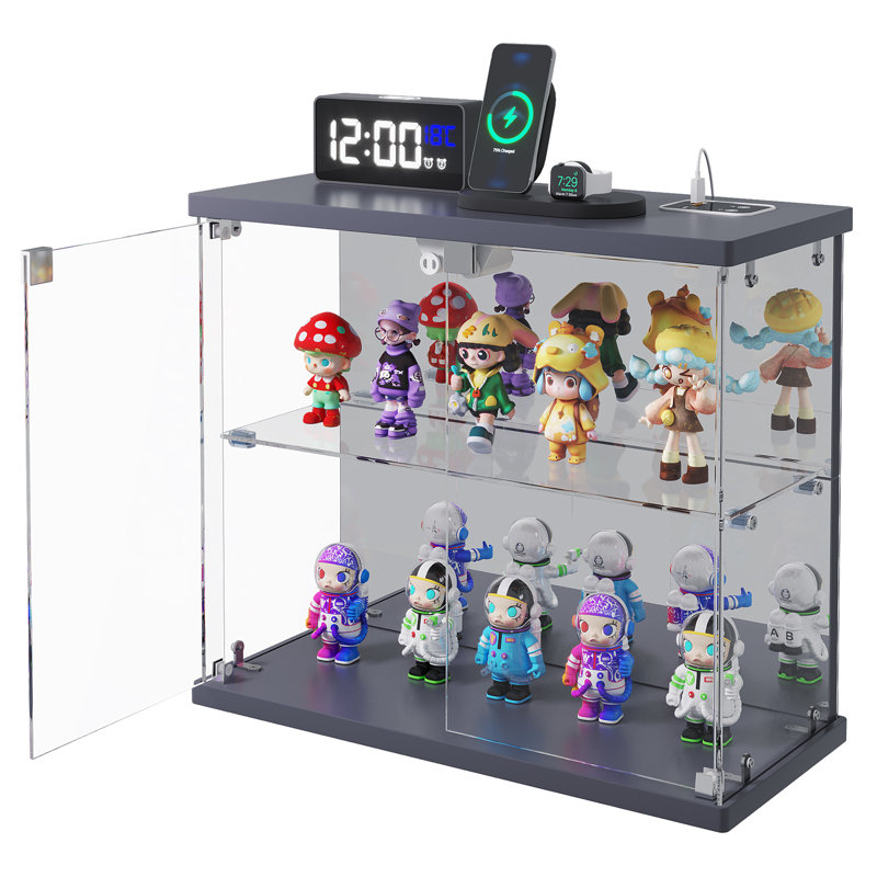 2-Tier Mini Display Cabinet with LED Lights, Charging Station, Grey