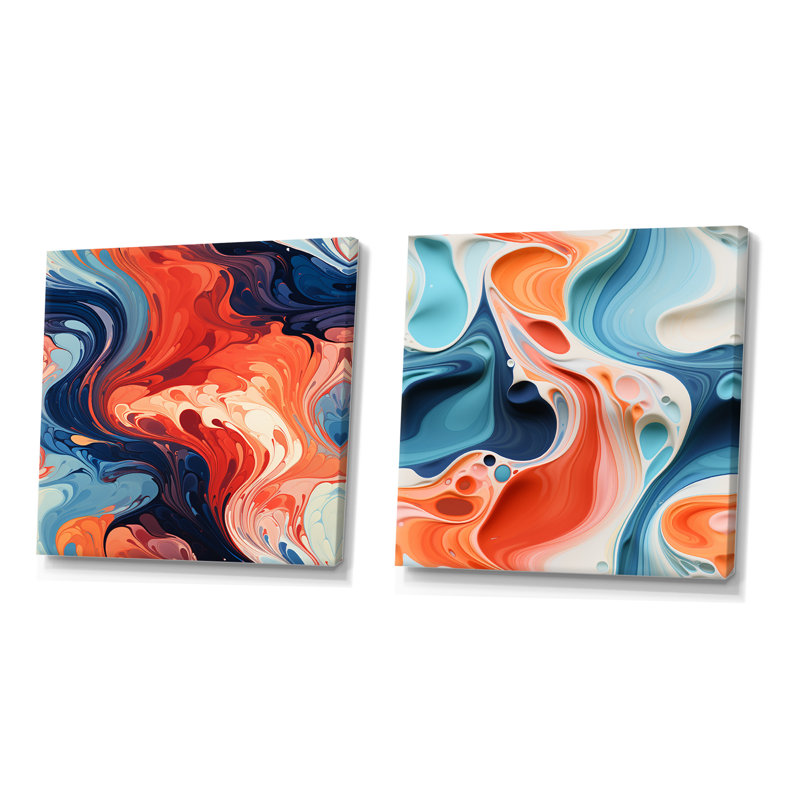 Encre liquide bleue et orange, "IV", art mural sur toile, Toile tendue, H 16 po x l 33 po x P 1 po