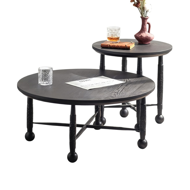 Retro Black Solid Wood Round Coffee Table Sets
