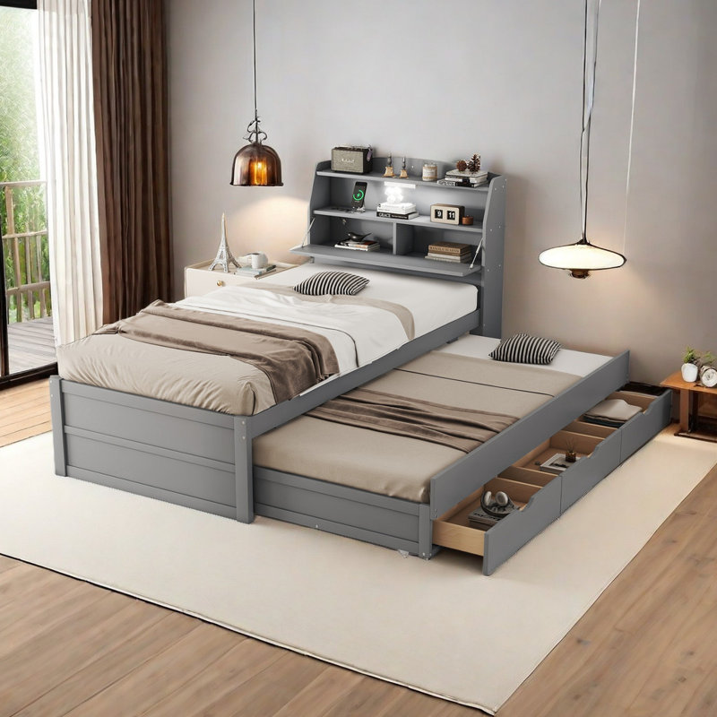 Wooden LED Platform Bed With Trundle, With Storage Headboard, With Drawers, Twin, Gray