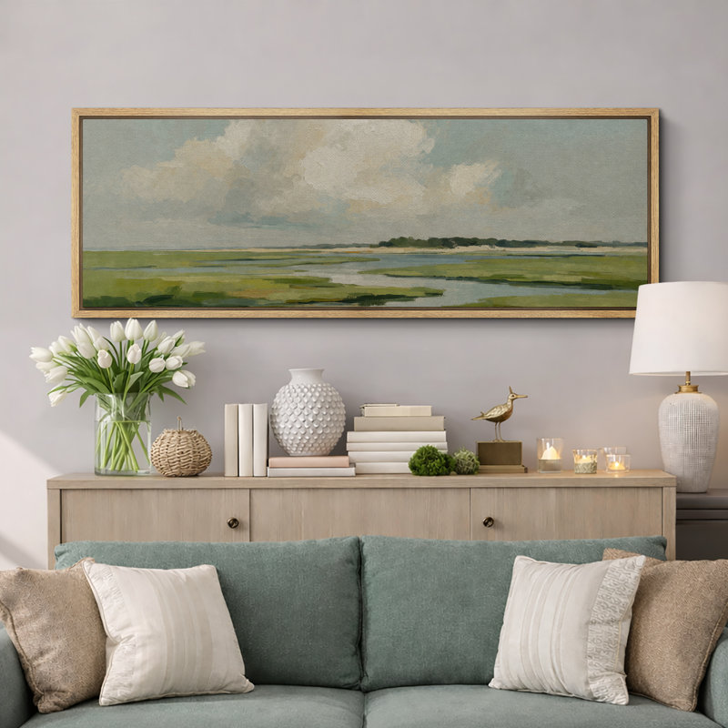 «Green Marshland Cloud», art de paysage, images de salon, estampe numérique sur toile encadrée, 3 pièces, Natural Frame