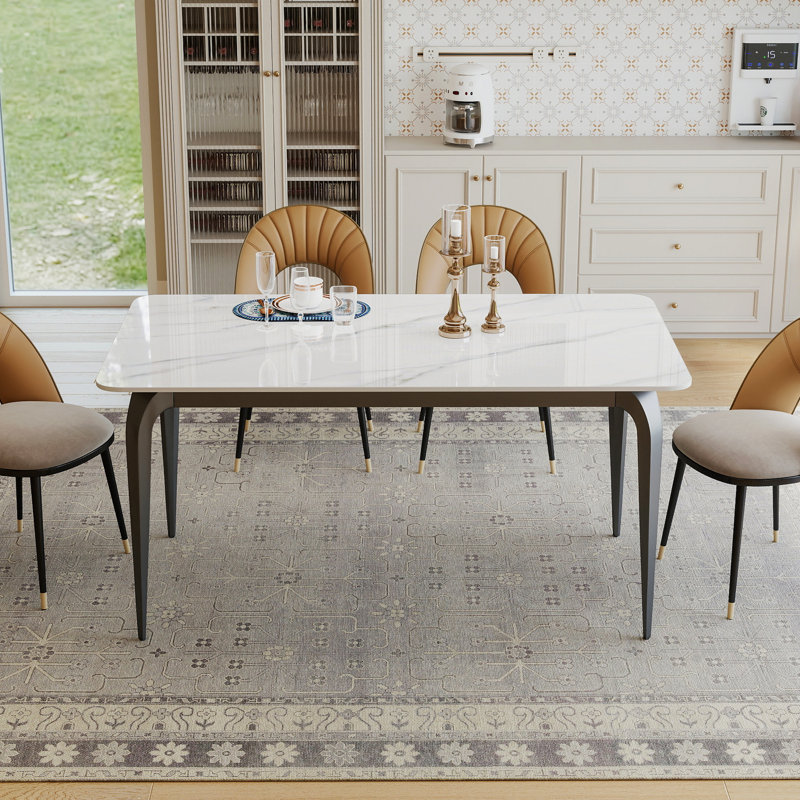 59" X 32" White Sintered Stone Dining Table, Modern Rectangular Kitchen Table With Black Metal Legs, Seats 4-6 For Family Dining