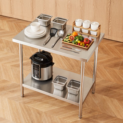 Table de préparation en acier inoxydable, 61 x 91 x 86 cm, capacité de charge de 340 kg, table de travail robuste en métal avec 3 niveaux de hauteur réglables, poste de travail professionnel pour cuisine, garage, restaurant ou jardin.