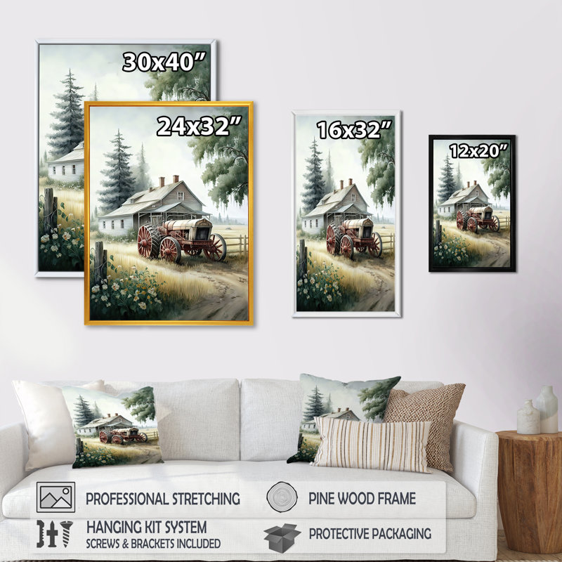 «Tractor at the Barn in Summer I», reproduction sur toile, H 20 po x l 12 po x P 1 po, Cadre flottant doré