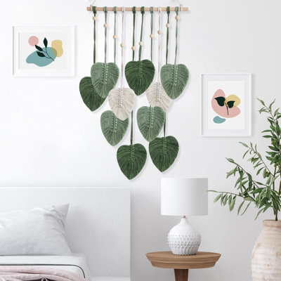 Macrame Wall Hanging Leaves Tapestry, Boho Wall Decor Woven Feather Handmade Yarn Tassels Leaf Wall Art Decorations For Nursery, Bedroom, Office,Living Room,16X26 Inch(Green)