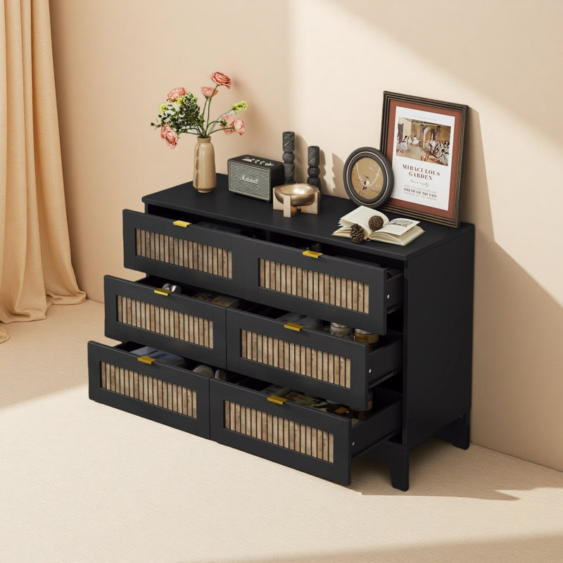 Commode en bois de style rustique avec 6 tiroirs, Noir