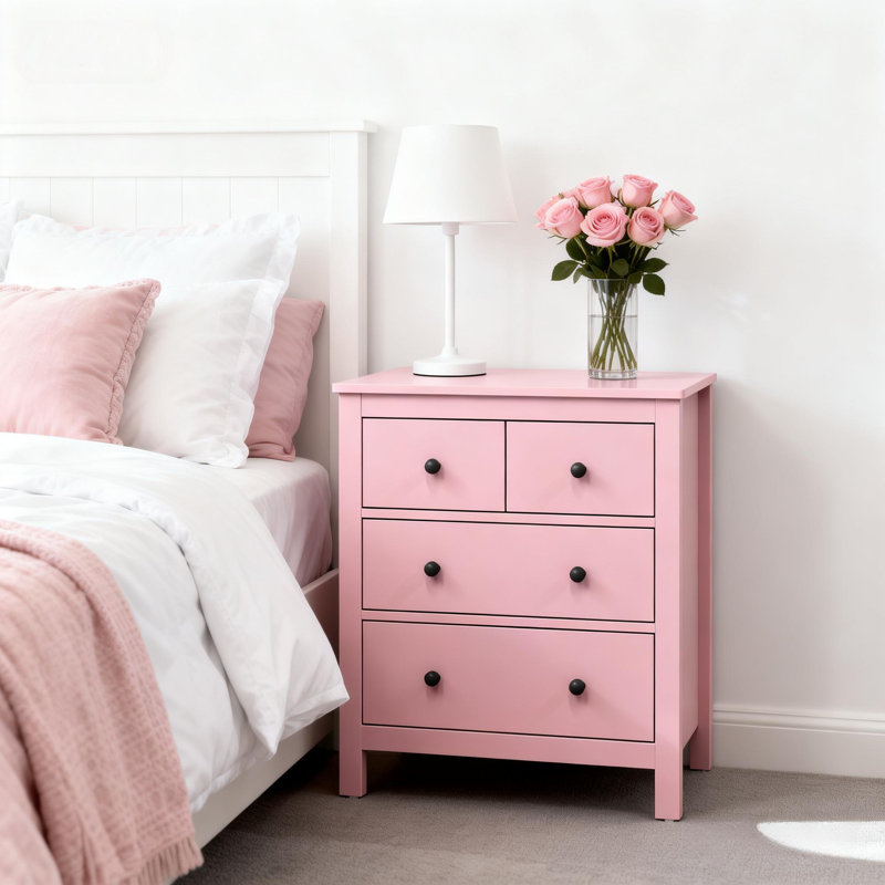 3-Drawer Nightstand, 23.6'' Wood Storage Chest, Pink