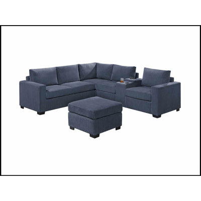 Ensemble modulaire moderne rembourré en velours côtelé gris foncé fonctionnel pour le salon avec causeuse à un bras, coin, console et repose-pieds