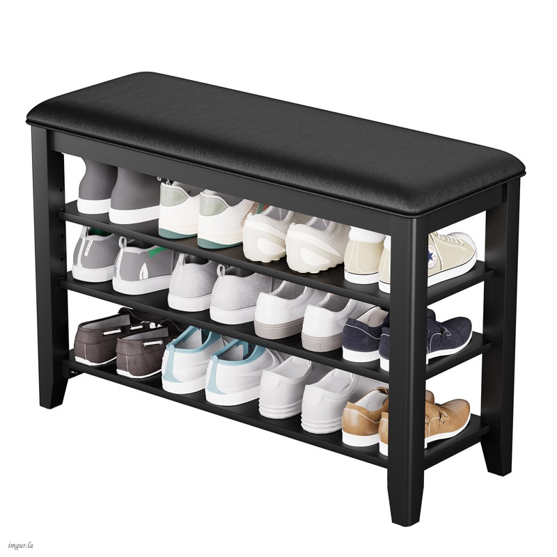 Shoe Rack Bench Entryway Storage with Leather Cushion and 3 Height-Adjustable Removable Shelve, 21.2" H x 31.5" W x 11.81" D