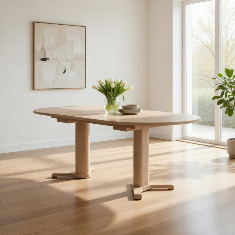 Table de salle à manger Hiny, base piédestal, plateau en bois blanc extensible de 60 à 78 pouces