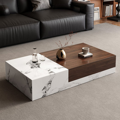 51"W Modern Minimalist Marble & Walnut Wood Block Coffee Table With Storage No Assembly Required
