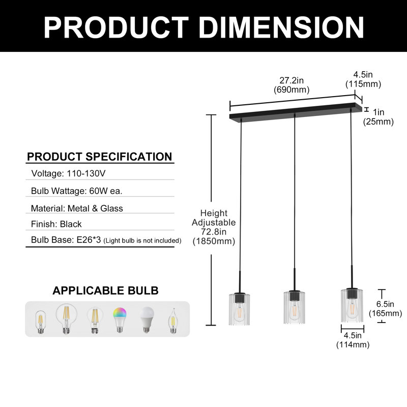 Luminaire suspendu pour îlot de cuisine 3 lumières Afelien
