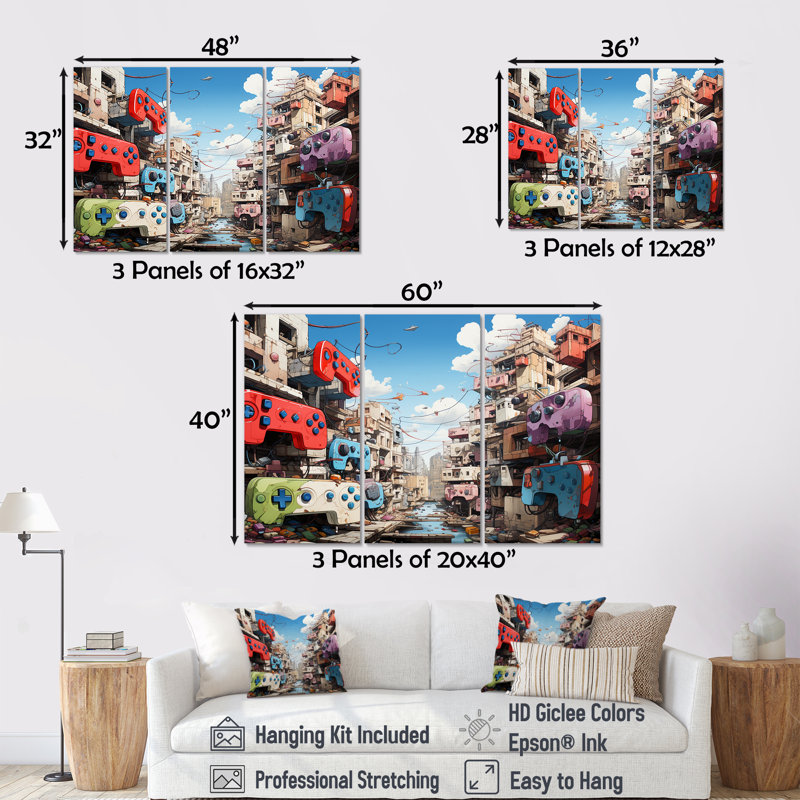 Pop Gaming Controllers Dreamscape - Art mural de jeux vidéo, Toile tendue, H 32 po x l 48 po
