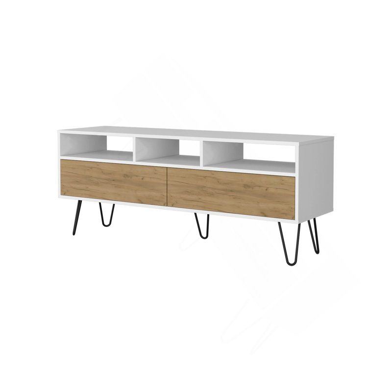 Meuble télé blanc et chêne naturel avec 2 portes et rangement ouvert, alliant élégance moderne et charme rustique pour des espaces de vie polyvalents.