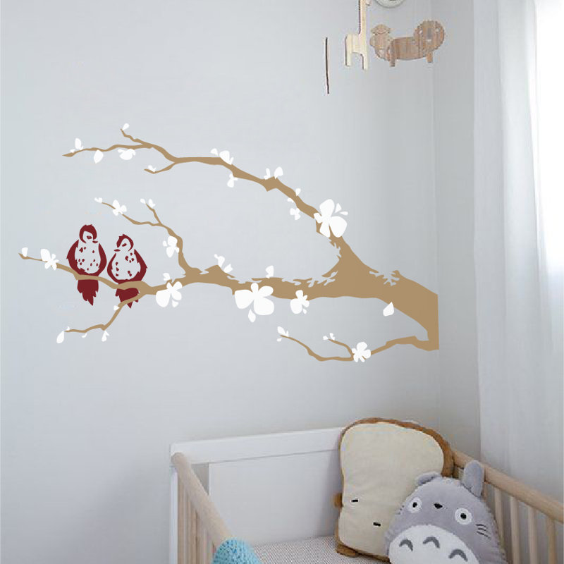 Décalcomanie murale branche arbre love oiseaux, H 31 po x l 60 po x P 0,01 po, Blanc / Bourgogne