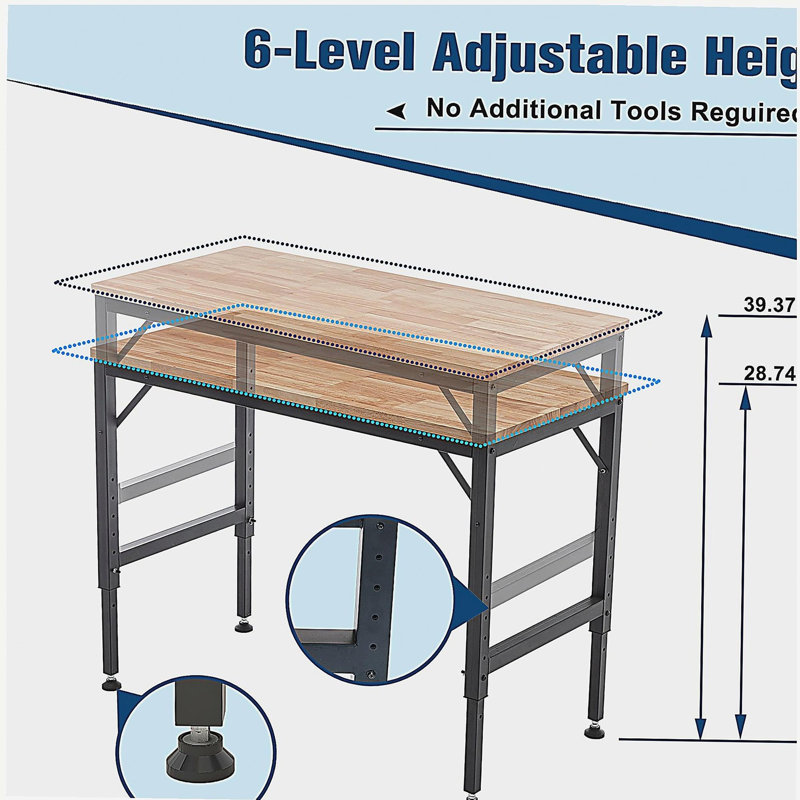 Établi ajustable 48 po pour garage, table d'atelier en bois d'hévéa avec patins en caoutchouc, poste de travail en bois franc, capacité de poids de plus de 2000 lb