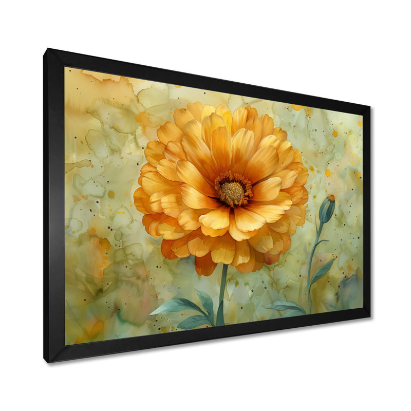 Jaune jaune vert fleuri souci - art mural souci, H 12 po x l 20 po, Cadre simple noir, bois massif