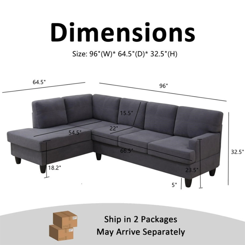 2-Piece Breathable Fluffy Fabric Sectional Sofa, Dark Gray