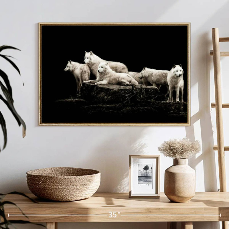 Loups blancs, 25 po x 17 po, Cadre flottant en bois naturel