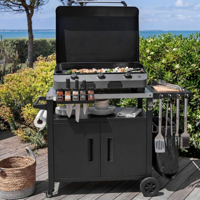 Outdoor Grill Cart With Storage Cabinet, Outdoor Metal Kitchen Island With Foldable Table, Pizza Oven Table With Wheels & Stainless Steel Top & Hooks & Spice Rack For BBQ,Waterproof Cover Included