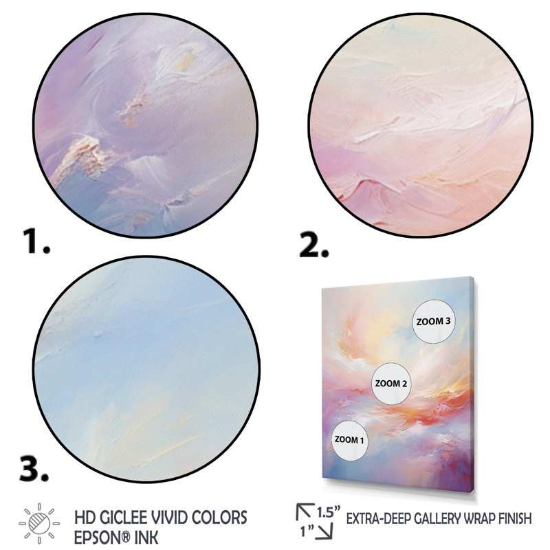Hurman abstrait rose et bleu nuages - reproduction sur toile, H 20 po x l 12 po x P 1 po, Encadrement doré