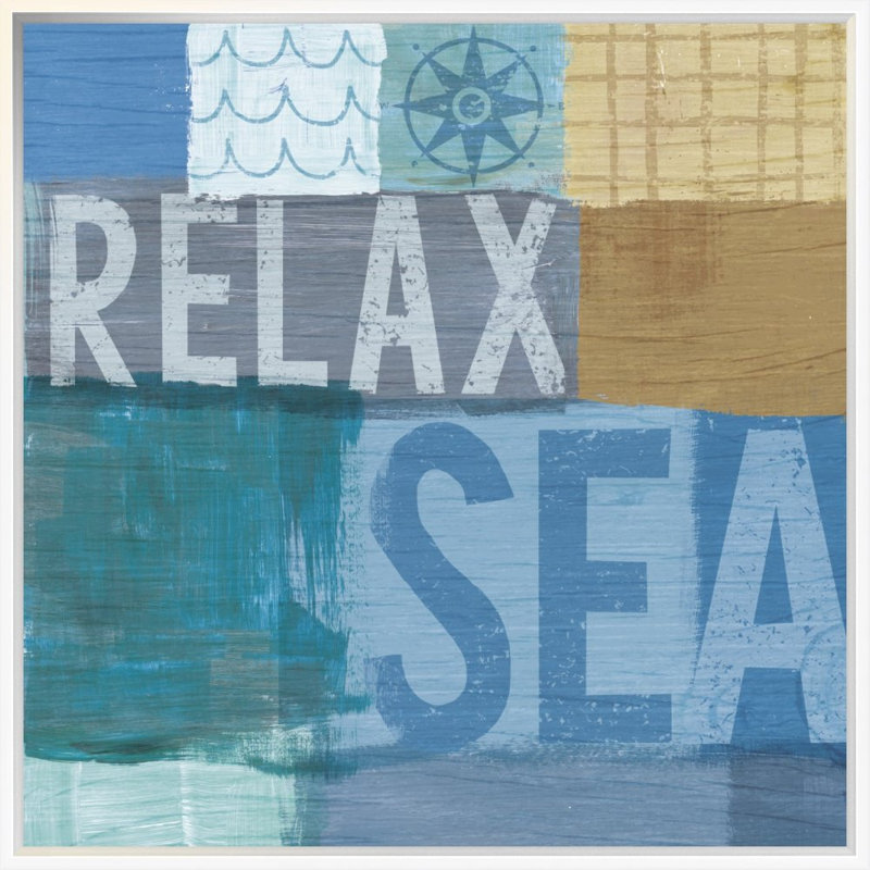 «Beachscape Collage III», art textuel sur toile, H 21,5 po x l 21,5 po x P 0,75 po, Cadre blanc, Aucun mat