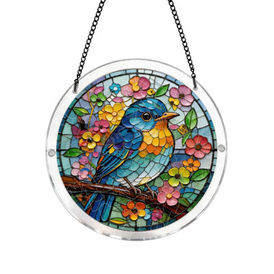 Blue Bird Stained Glass Suncatcher Colorful Floral Bird Window Hanging Ornament Acrylic  Decor For Home  Garden Patio Gift For Bird Lovers