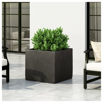 ELLA MGO L 22 Large Square Outdoor Planter Box - Black Cast Stone Garden Pot