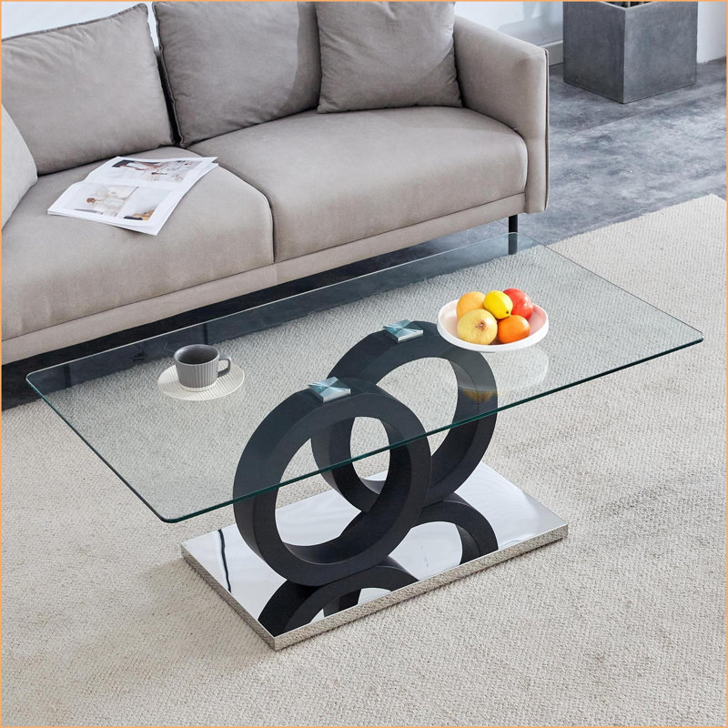 Table basse moderne en verre transparent minimaliste avec base en panneau de fibres à densité moyenne noir, facile à nettoyer et amp; Gain de place pour le salon
