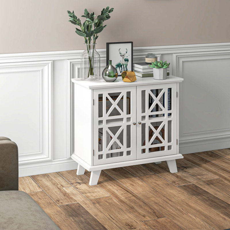 Storage Cabinet with Fretwork Doors Shelf Modern Sideboard Buffet, Gray