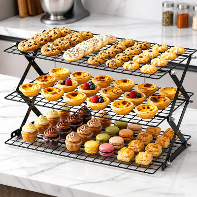 Foldable 3 Tier Cooling Rack Metal Baking Rack Kitchen Countertop Shelf Organiser For Cookies Cakes Pastries Bread And Storage
