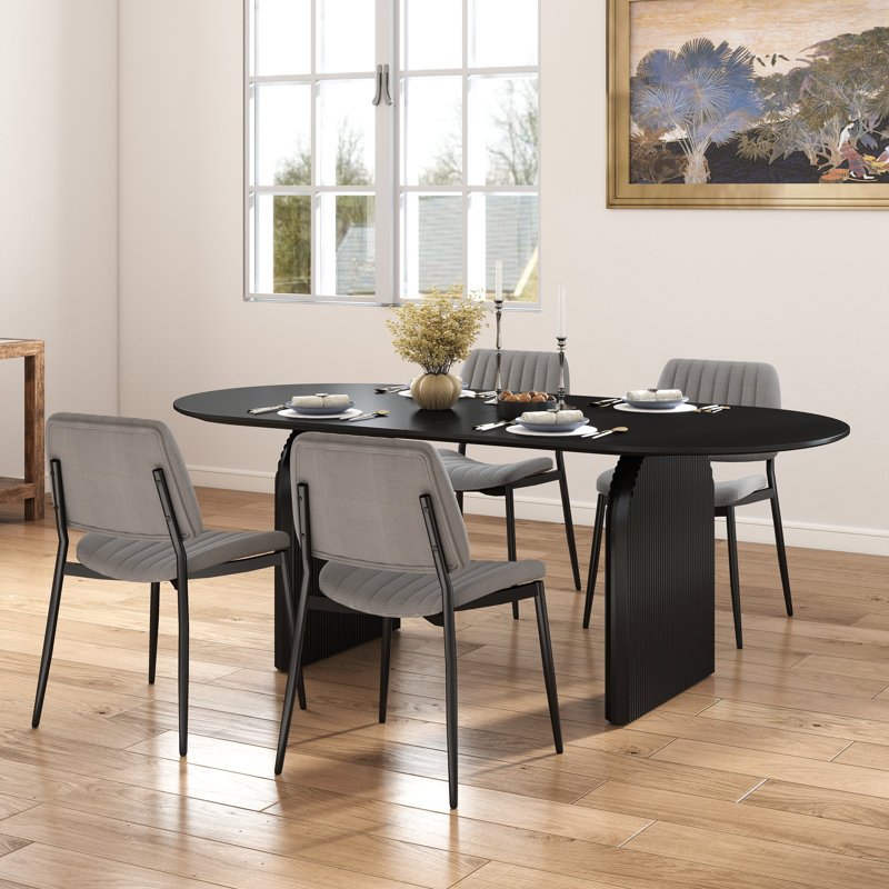 Ensemble de salle à manger ovale, table de salle à manger 70 po et chaises rembourrées en lin, Noir, 5 pièces, Gris