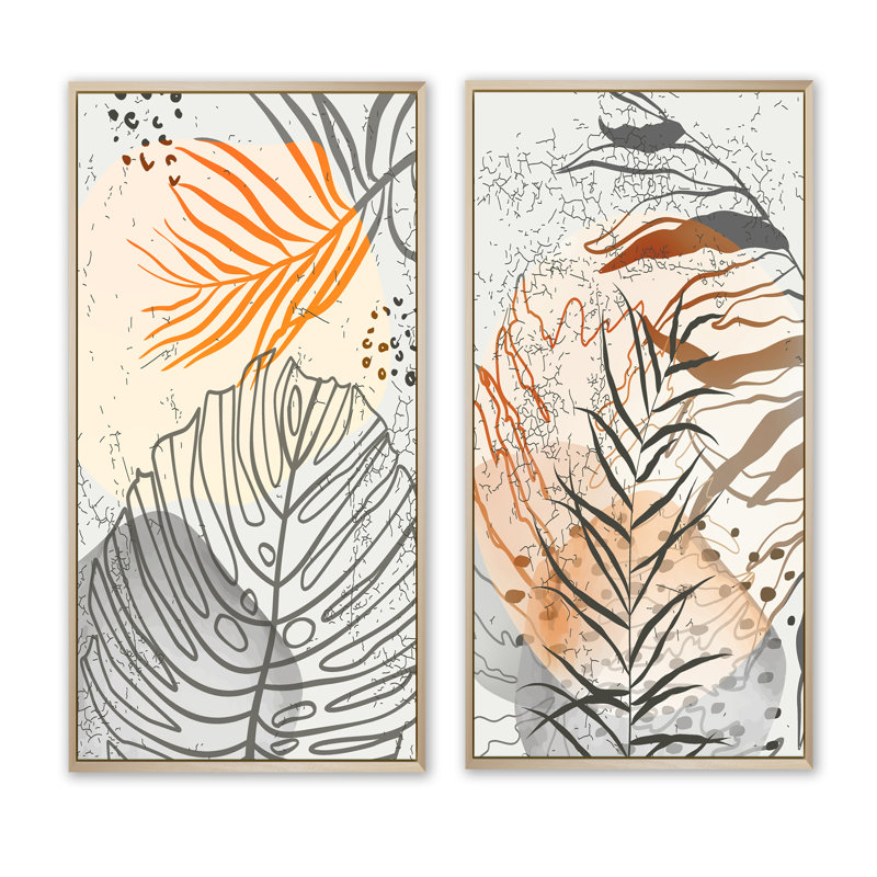 Feuillage aux formes organiques éclatantes - ensemble de 2 peintures, H 20 po x l 24 po x P 1 po, Cadre brun