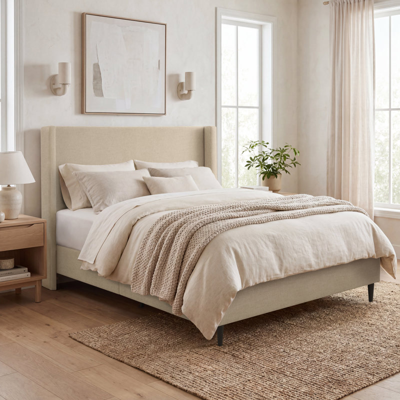 Ana Upholstered Wingback Platform Bed, Beige Canvas, King