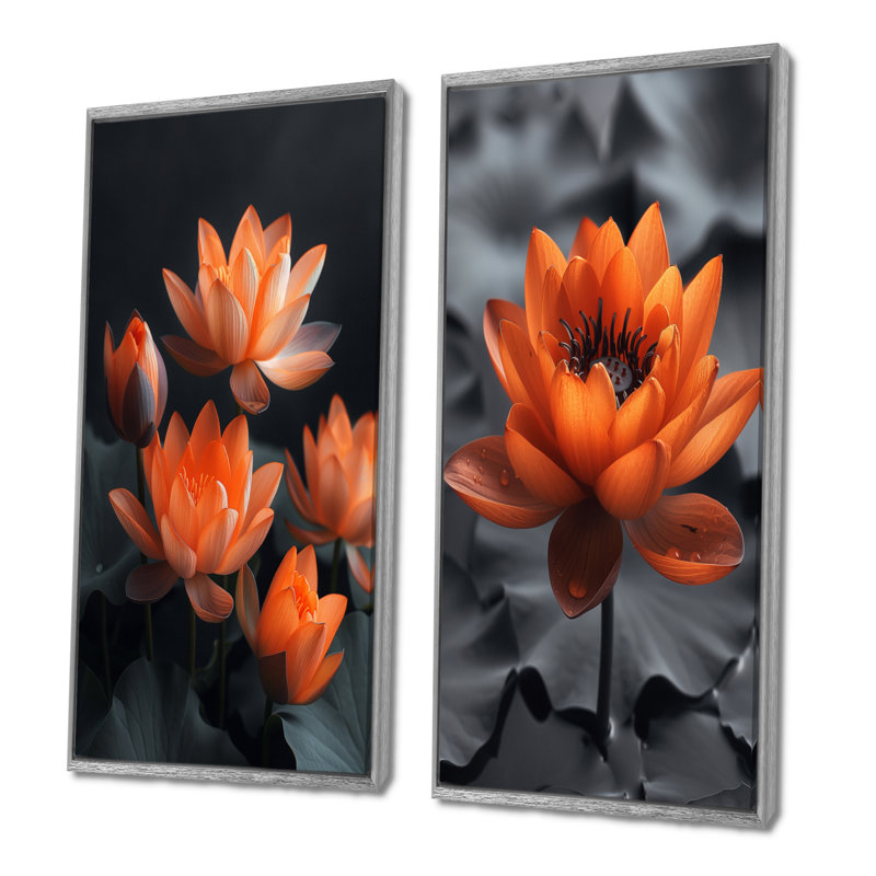 Ensemble de 2 pièces d'art mural orange et gris rétro, Cadre argenté flottant, H 28 po x l 24 po