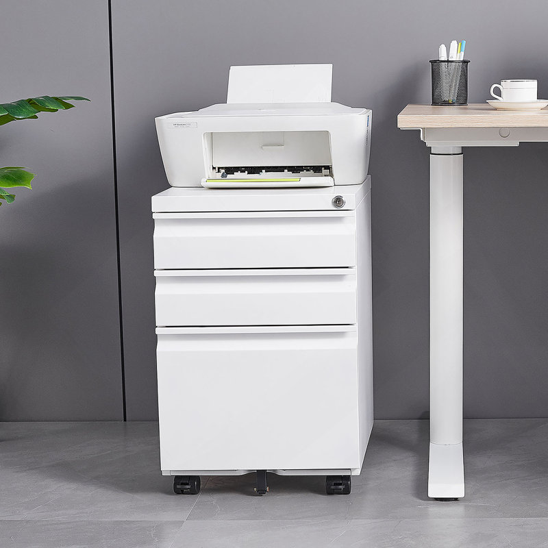 Classeur de bureau, classeur mobile à 3 tiroirs avec serrure, Blanc