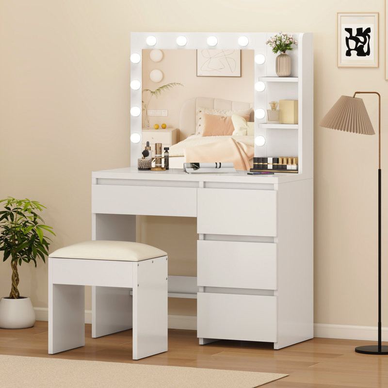Balconera Dressing Table With Mirror,4-drawers Makeup Vanity Table Set For Bedroom Makeup Desk