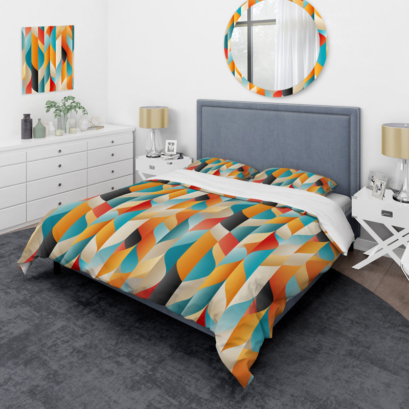 Orange Turquoise Retro Revival Geometric - Ensemble de housse de couette géométrique