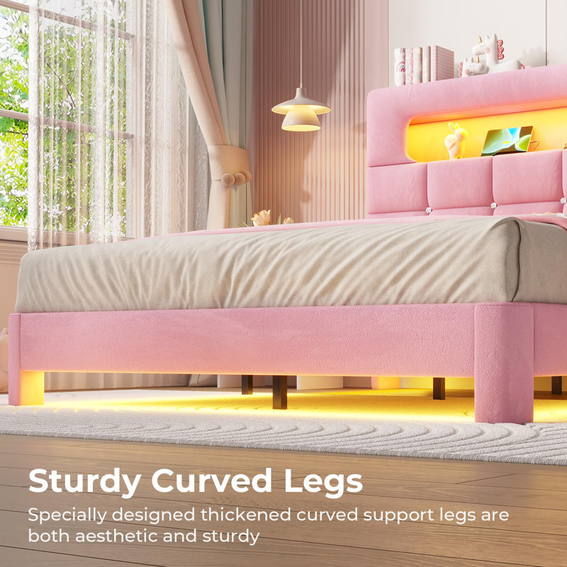 Bed with Storage Velvet Tufted Headboard Platform Bed with Bookcase Charging Station LED Lights, Pink, Full, Pink