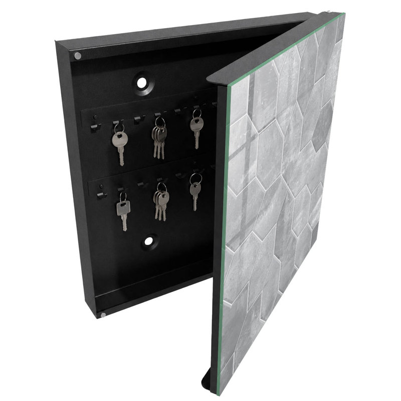 Key box for wall, Opens to the right, 30x30x5, Black, Geometric pattern in gray, 