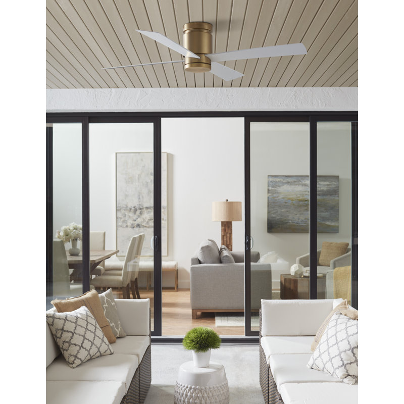 Kwartet 52 inch Indoor/Outdoor Flush Mount Ceiling Fan with LED CCT Select Light Kit and Remote Control - Brushed Satin Brass with Matte White blades