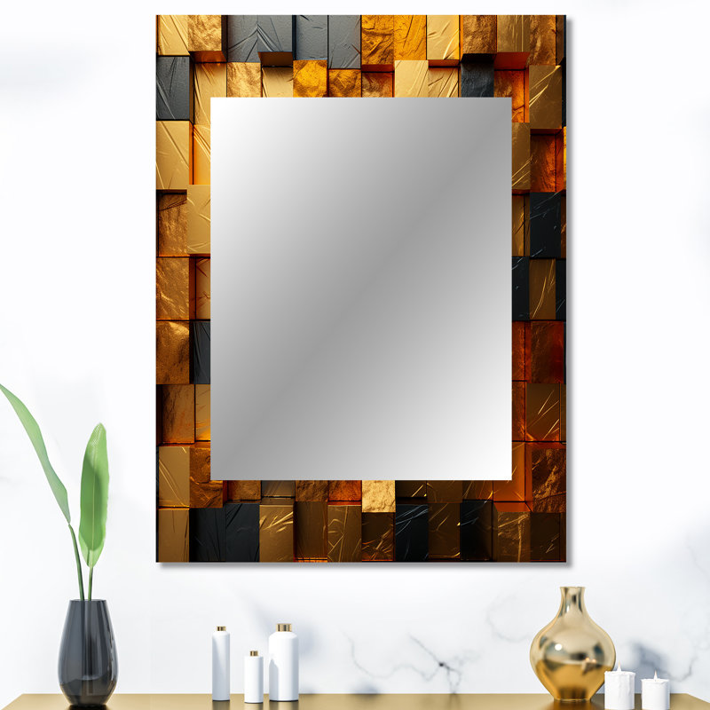 Grunge Gold Cubes Abstract Geometric IV - Geometric Decorative Mirror, Modern Large Wall Mirror, Printed Metal Art, 40" x 30"