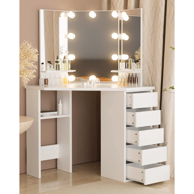 Adest Tri-Fold Mirror Dressing Table with 5 Drawers and 3 Lighting Modes, White