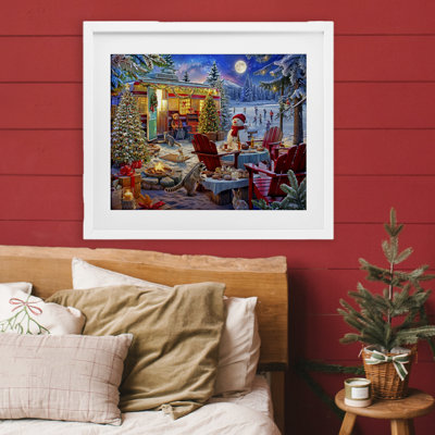 Winter Holiday Camper Party, reproduction encadrée sous verre, conception de Henriette Chinaglia