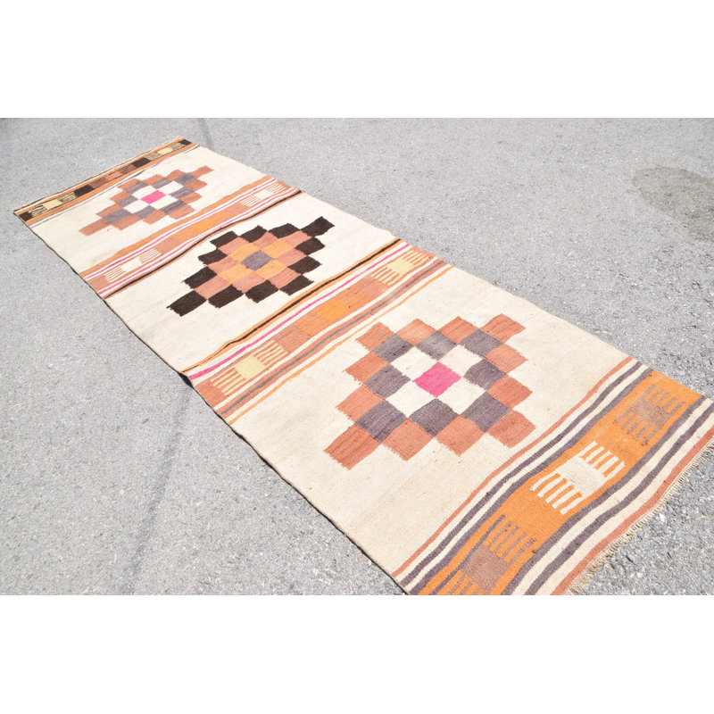 Tapis de chemin de fer turc rétro Vintage Herki Kilim en beige pour la maison et le bureau - Style 7440