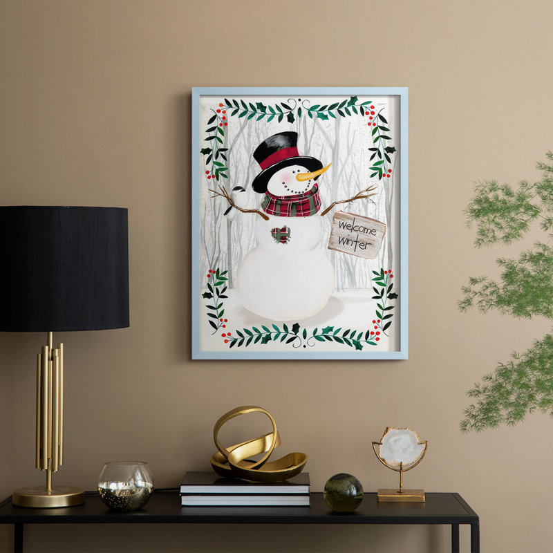 Folk Snowman Forest I, reproduction encadrée - bois massif, Bleu, H 15 po x l 12 po