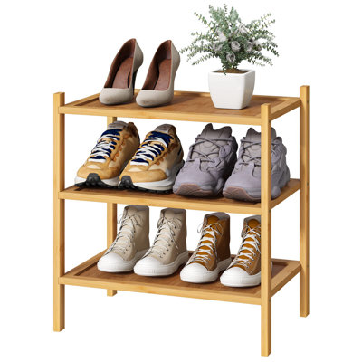 Compact 3-Tier Shoe Rack 14" - Durable Bamboo Wood For Indoor Shoe Storage And Organization